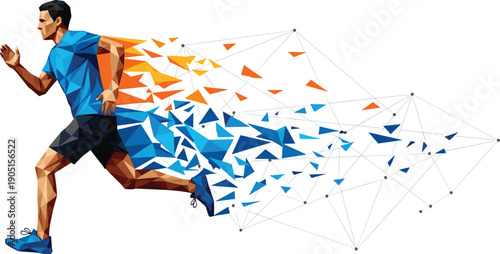 Dynamic low poly running man illustration, geometric athlete sprinting with motion trail, abstract sports technology concept for digital fitness, speed