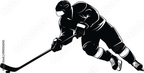 Dynamic silhouette of an ice hockey player in action skating with a stick and puck, professional sports vector illustration, isolated on white background