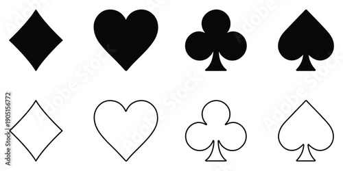 playing card icons. 4 suits of playing cards: Hearts and Spades, Diamonds and Clubs icon. Flat simple symbols collection.