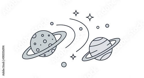 Two cartoon planets with rings orbiting in space with stars