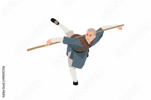Asian martial artist warrior holding bo staff in defensive stance vector illustration.