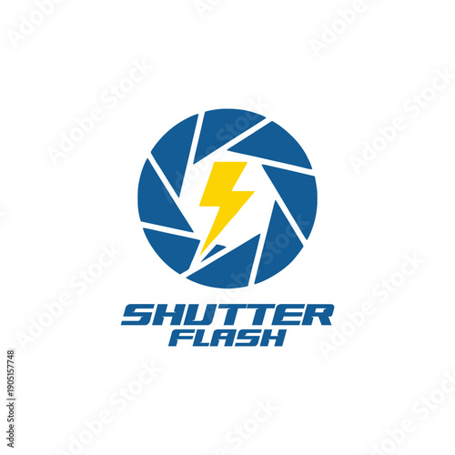 Blue camera lens aperture with yellow lightning bolt icon for photography studio or fast media production logo identity Shutter Flash
