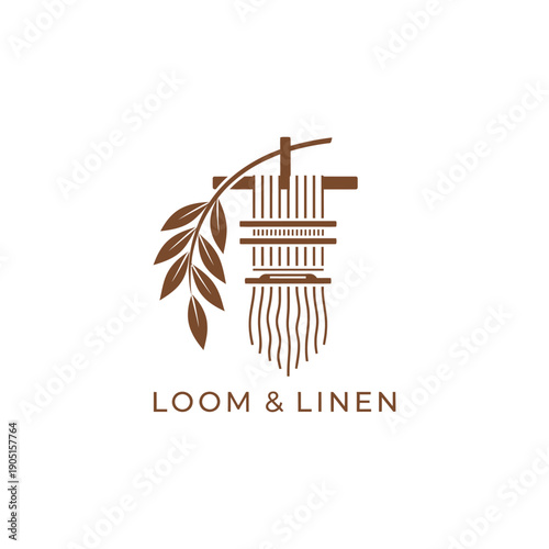 Traditional weaving loom with organic leaf branch icon for textile craft or handmade fashion branding identity Loom & Linen logo