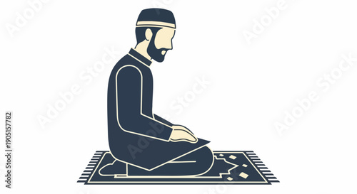 Muslim man praying on a rug, wearing traditional clothing and a cap, isolated on white background, illustration