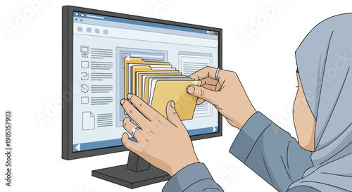 Young Muslim woman in hijab organizing digital files on a computer screen, representing data management and organization.