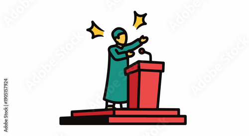 Person in traditional Islamic clothing speaking at a podium with stars and sound waves indicating speech, concept of religious or political speech.