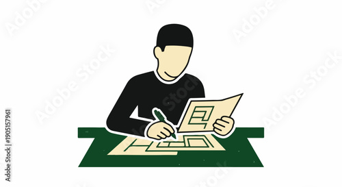 Architectural designer drawing blueprints for a building project on a desk, representing planning and construction.