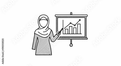 Muslim woman in hijab presenting a business growth chart on a whiteboard, representing financial success and career development in modern society.