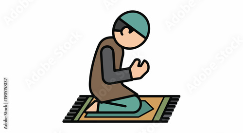 Muslim man praying on a prayer mat, Islamic worship, religious devotion, cultural tradition, simple flat icon illustration