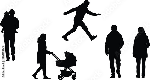 Collection of black silhouettes of people walking jumping and pushing a stroller isolated on white background for urban lifestyle design.