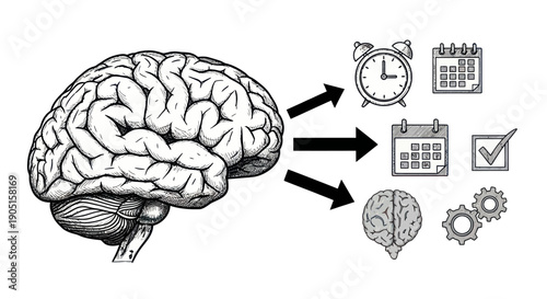 Brain with Arrows Pointing to Time Management Icons: Calendar, Clock, Checklist, Gears