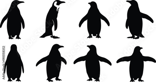 Set of Black Penguin Silhouette Vector Illustrations Featuring Various Poses Like Standing, Walking, and Flapping Wings for Antarctic Wildlife Graphic Design