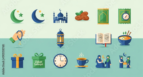 Islamic Icons Collection Ramadan Eid Celebration Symbols.