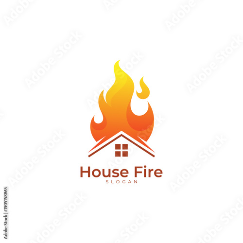house logo and fire burning on the roof of the house, house fire logo