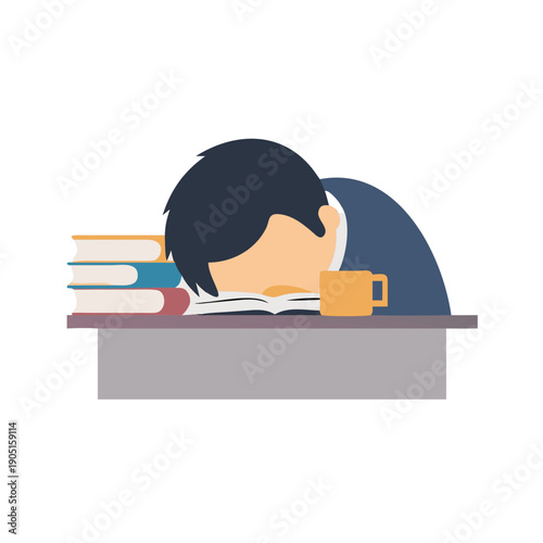 Tired student or employee with dark hair sleeping at a desk, with their head on their arms over open books, indicating burnout or exhaustion.
