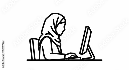 Muslim woman in hijab working on a computer at a desk, simple line drawing illustration