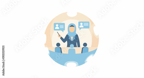 Muslim Woman Teacher Giving Presentation or Lecture to Students in Classroom, Education and Business Meeting Concept