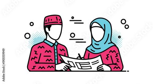 Muslim Couple in Traditional Attire Reading Newspaper Together, Representing Culture and Information Sharing