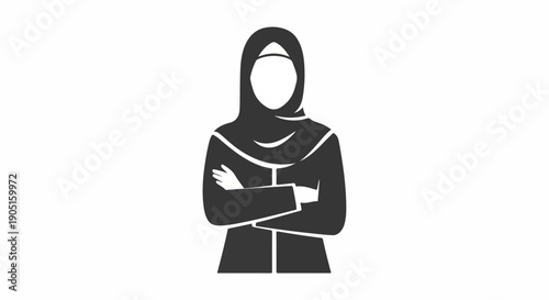 Silhouette of a Muslim woman in a hijab and traditional clothing, arms crossed, representing strength and professionalism