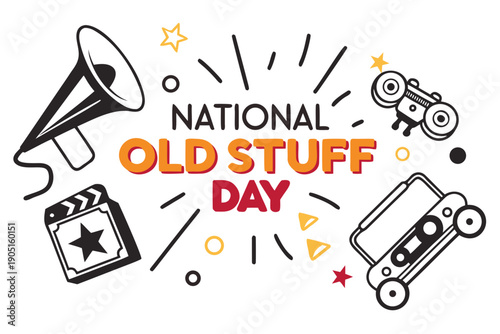 National Old Stuff Day Celebration Vector, Vintage Objects and Memorabilia Design