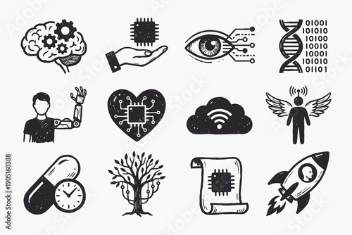 Sketchy Doodle Icons Set for AI, Technology, Biotechnology, and Futuristic Concepts