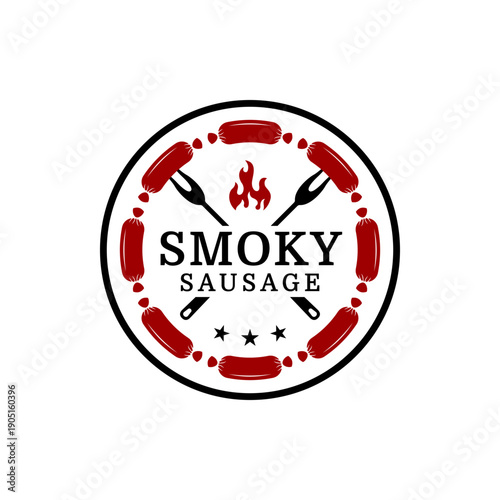 Grilled Sausage Barbecue with fire Label logo design
