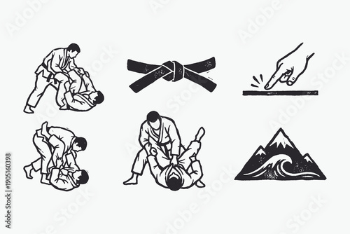 Vintage Distressed Martial Arts and Nature Icons Set in Woodcut Style