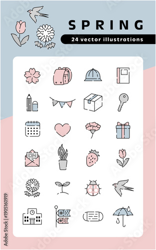 春のアイコンセット パステルカラー 生活・学校モチーフ ベクターイラスト