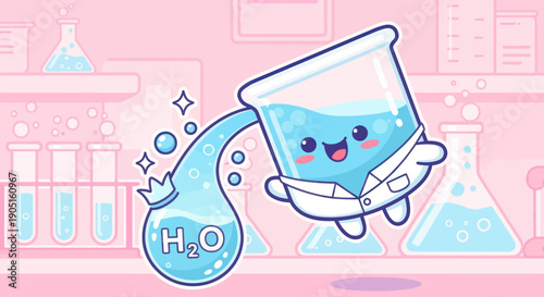 Cute Cartoon Beaker Character Pouring Water in Laboratory