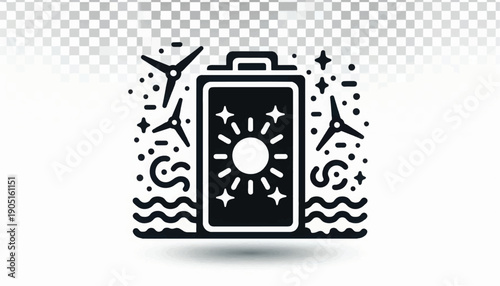 Solar Battery Icon with Renewable Energy Symbols.