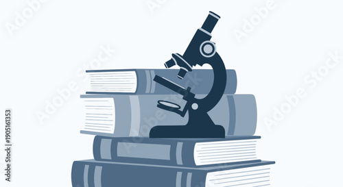 Microscope on Stack of Books, Concept of Scientific Research and Education