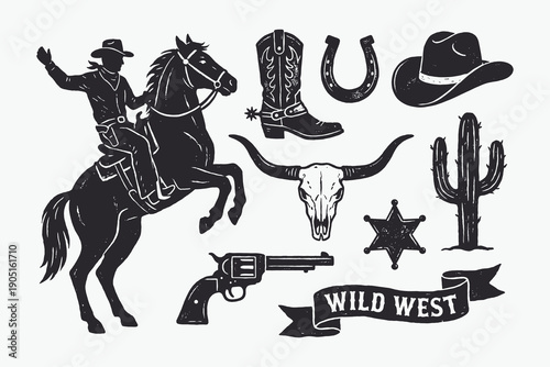 Wild West Icons Set Vintage Hand Drawn Style Collection
