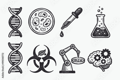 Hand Drawn Science and Biotechnology Icons Set: DNA, Lab Equipment, and AI Concepts