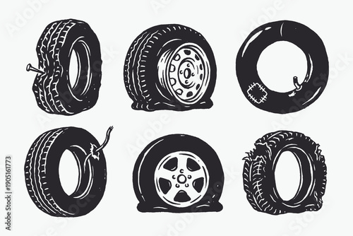 Set of vector illustrations showing various flat, punctured, and damaged car tires.