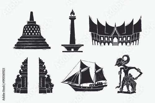 Classic Indonesian Cultural Symbols and Landmarks in Distressed Woodcut Vector Style