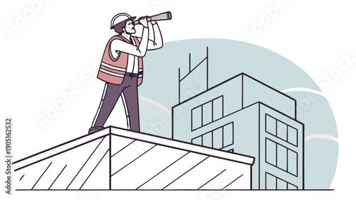 Engineer on rooftop using telescope to observe city buildings, retro vector illustration representing future planning. using a telescope to look out over city buildings, symbolizing future planning 