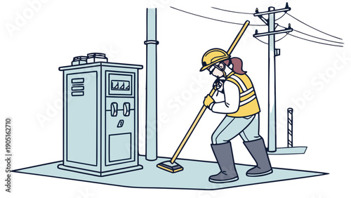 Female Utility Worker Cleaning Around Electrical Box and Utility Poles, Color Illustration, Utility worker wearing a hard hat, safety vest, and gloves, using a long-handled tool to clean, 