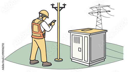 Utility worker inspecting transformer box and power lines with smartphone, vector illustration,  wearing safety gear, using a smartphone to inspect an electrical transformer cabinet near a power pole 