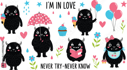 Set of cute black furry monster characters with pink balloons, ice cream, and umbrella for whimsical Valentine cards and children's graphic design.