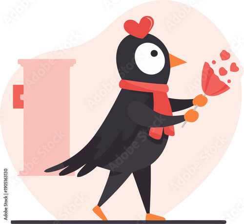 A charming illustration depicts a penguin delivering Valentine's gifts with a bouquet. Flat design, vibrant colors, perfect for Valentine's Day marketing. Zero Small Objects - February 14, 2026.