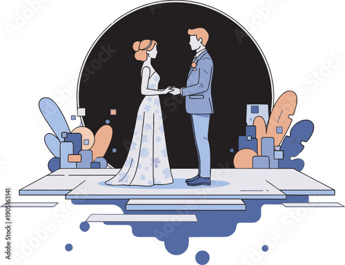A couple exchanges vows in a stunning virtual reality wedding ceremony. Modern, stylized illustration with a futuristic aesthetic. Perfect for digital marketing and event concepts.