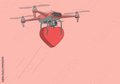 A futuristic drone delivers a heart-shaped gift, symbolizing love and innovation. Modern illustration style, perfect for Valentine's Day or delivery services.