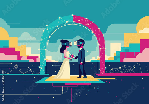 A couple exchanges vows in a vibrant virtual wedding experience, connected via VR headsets. Modern, digital, and celebratory.
