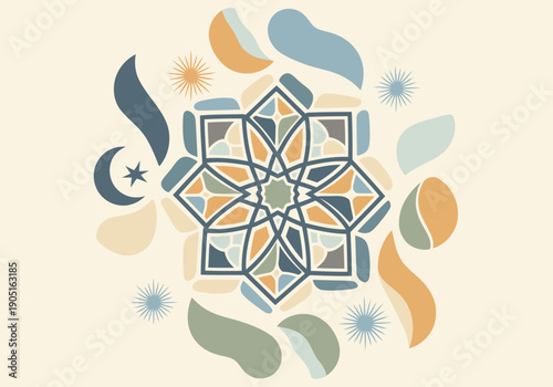 Elegant Islamic pattern poster featuring a stylized star and crescent. Vibrant colors and intricate geometric design create a festive Ramadan visual. Ideal for promotional materials.