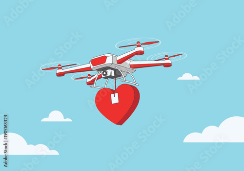 A romantic drone delivery art featuring a white drone carrying a red heart with a gift. Modern, graphic style, perfect for Valentine's Day or love-themed projects.