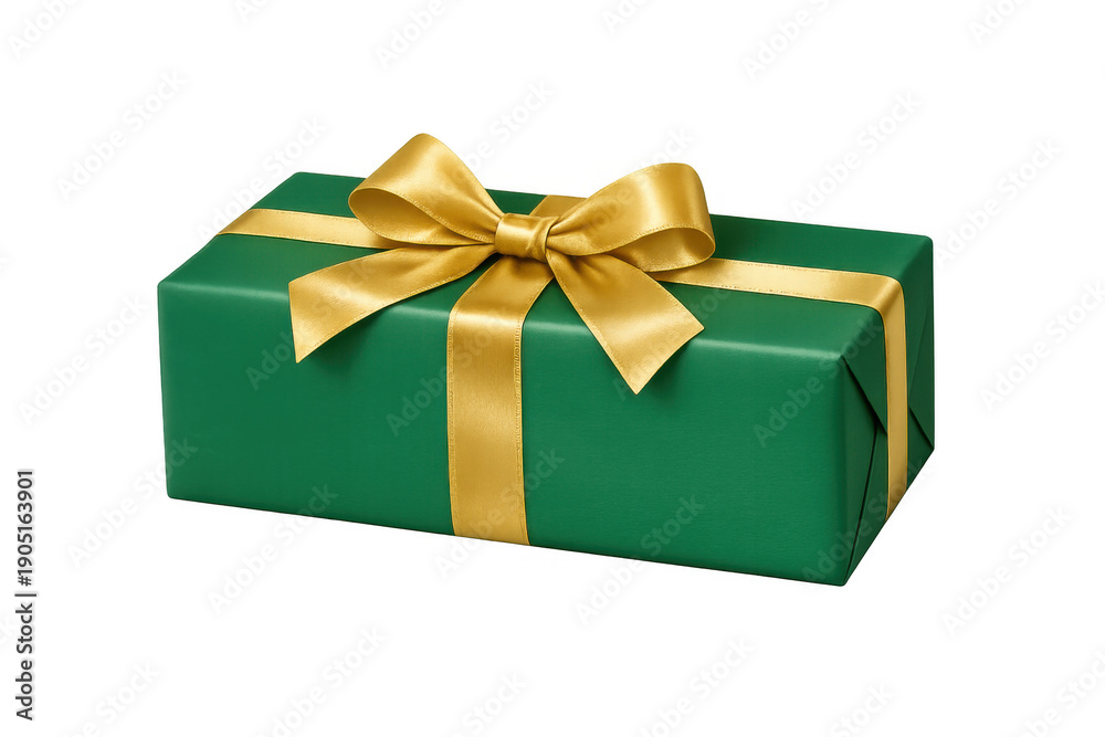 Obraz premium Green gift box wrapped with a shiny gold ribbon and bow, symbolizing celebration, holiday, birthday, and special occasion