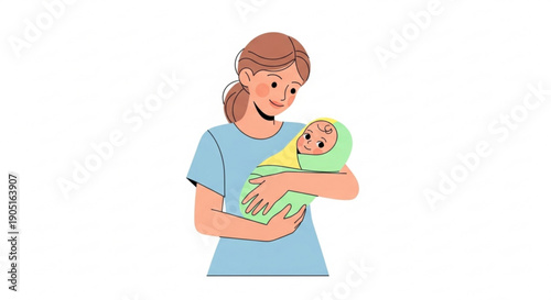Smiling woman in blue shirt cradling a swaddled baby in her arms lovingly