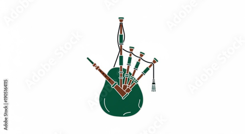 Traditional scottish bagpipe instrument with green and red details on white background