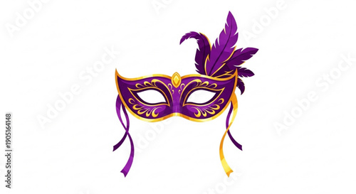 Vibrant purple masquerade mask with gold accents and feathers for mardi gras or carnival celebrations