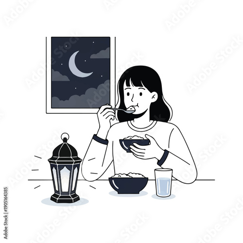 Black and white illustration of a woman eating a bowl of food at a table with a lantern and a glass of milk, looking out a window at a nighttime sky with a crescent moon.